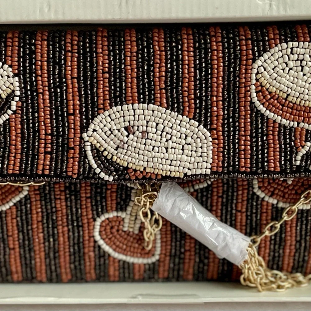 Rachel Zoe Women's Beaded Clutch Card Charm Bag Purse Set Black Brown